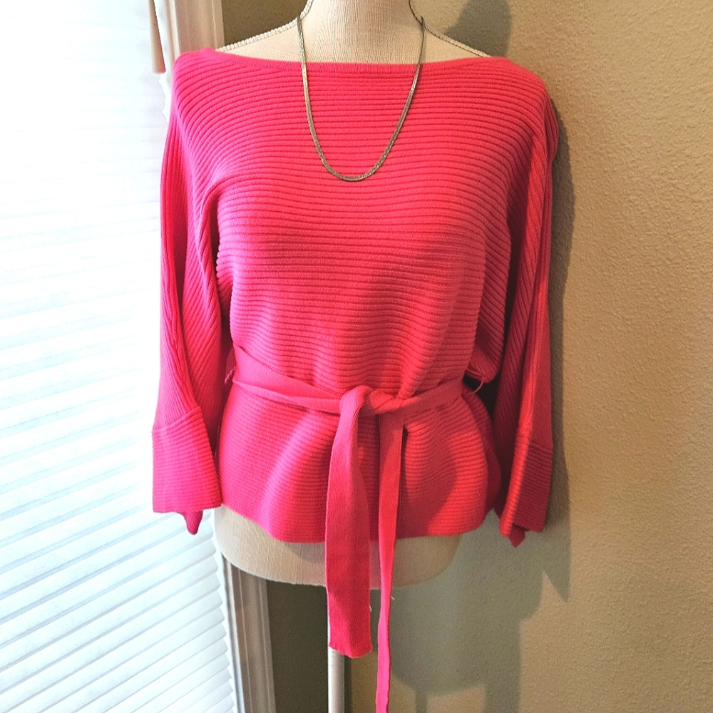 NWT Hot Pink Ribbed Bell Sleeve Tie Front Sweater